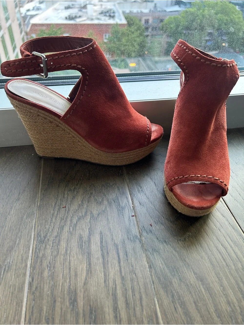 Marc Fisher Rust Suede Open-Toe Espadrille Wedges